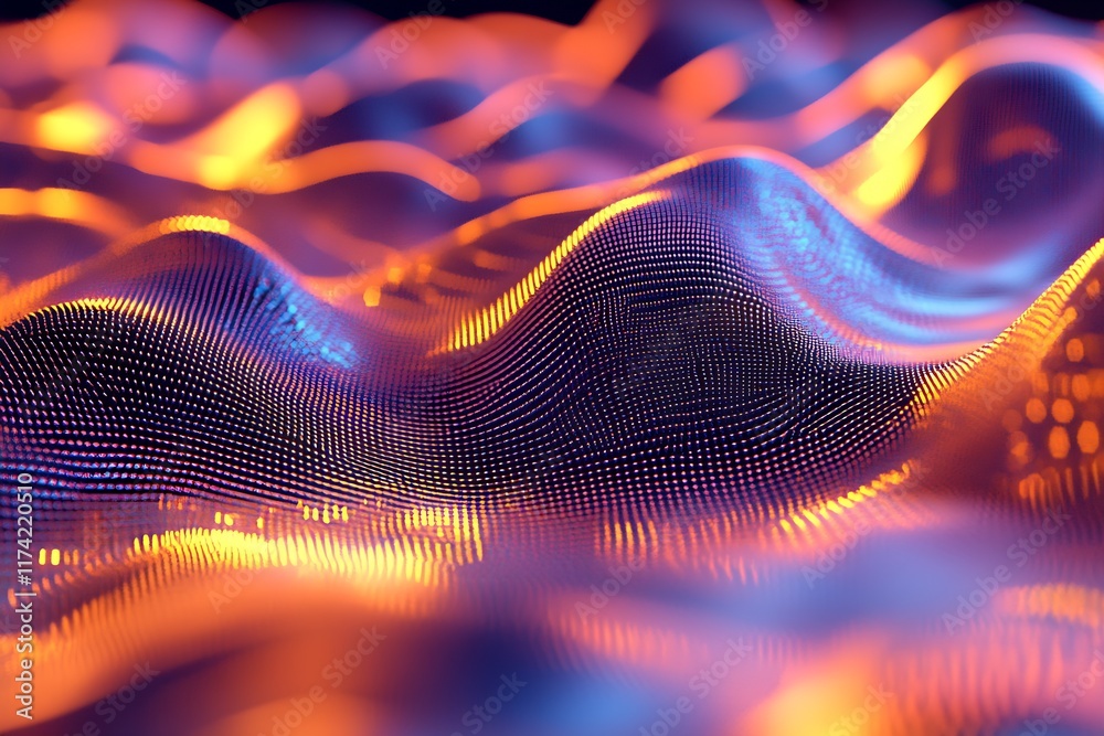 Aufkleber Vivid and dynamic 3D digital landscape of colorful waves with glowing futuristic patterns : Generative AI