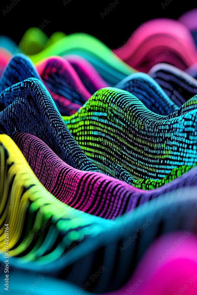 Poster Futuristic 3D Wave Pattern with Neon Rainbow Gradient Colors : Generative AI