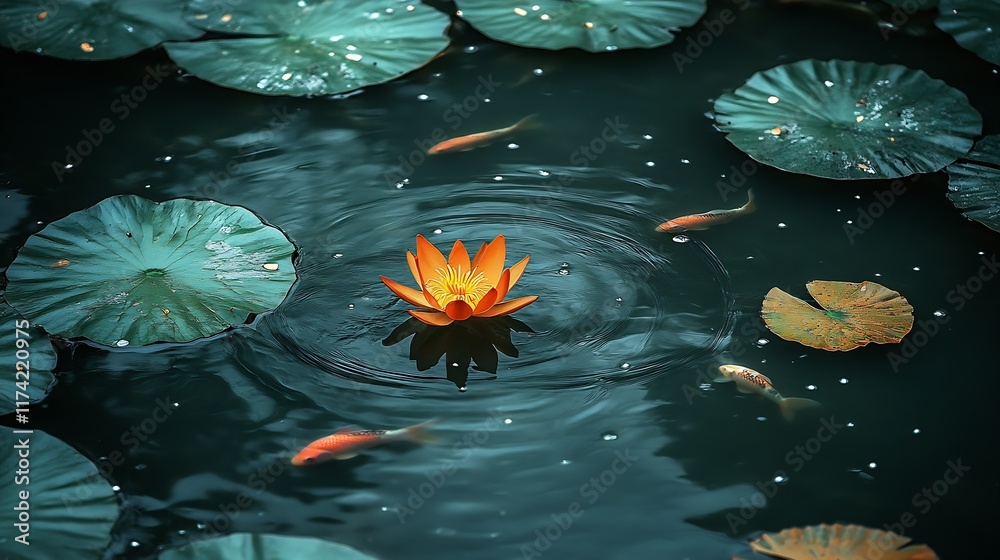 Poster mesmerizing koi and lotus dance in circular ripples within serene pond : generative ai