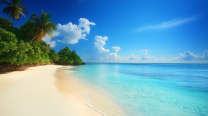 Beach with Turquoise Waters and Palm Trees Under a Bright Sunny Sky : Generative AI