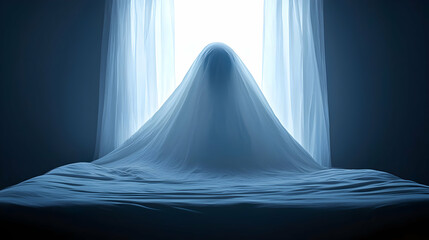 Eerie ghostly figure in dimly lit room haunting atmosphere cinematic photography suspenseful mood