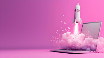 Rocket launching from laptop in vibrant pink background digital art creative environment future technology concept