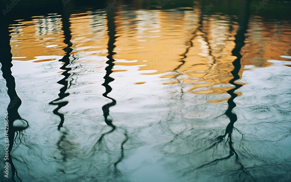 Poster serene autumn trees reflection on gentle rippling water surface at sunset : generative ai