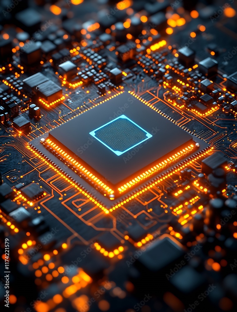 Poster Futuristic Glowing Circuit Board Highlighting Advanced Technology and Microchip Design : Generative AI