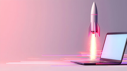 Rocket launching from laptop digital workspace conceptual illustration futuristic environment dynamic view innovation in technology