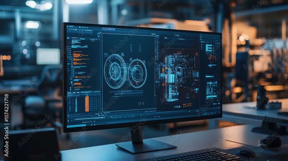 Poster modern desktop computer displaying advanced engineering software used for designing printed circuit 
