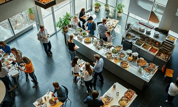 Office lunch buffet Diverse crowd enjoys midday meal in modern setting