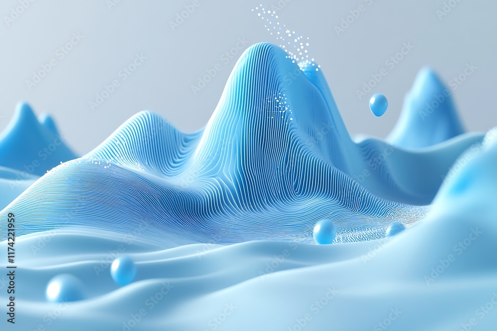 Poster serene abstract blue landscape with spheres and rolling digital waves : generative ai