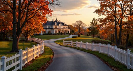 Naklejka premium Opulent Homes on Sprawling Acreage: Winding Gated Road with White Fence at Sunset.
