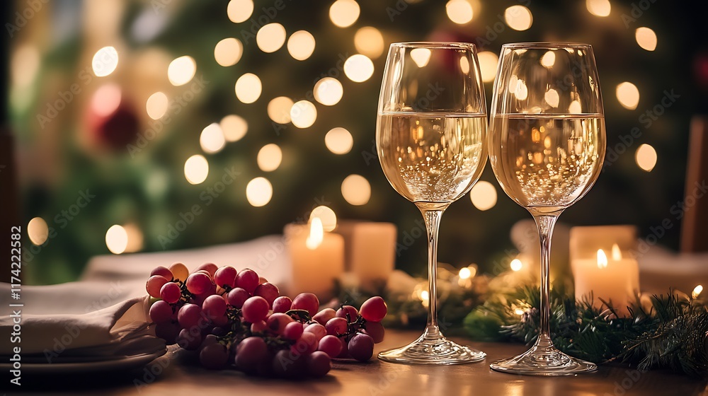 Poster sophisticated wine glass display with grapes candles and holiday illumination : generative ai