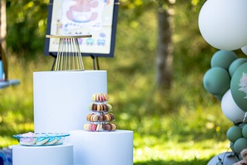 Pink and Blue Cookies in a gender reveal party and beautiful macaron cake patisserie multi tier stand full of multi color macarons all flavors and assorted colors. Pyramid of macaroons