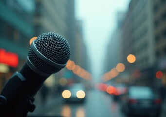 Street performance with microphone in a busy urban setting during twilight