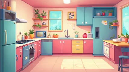 Fototapeta premium Vibrant Game Background: Brightly Colored Cartoon Kitchen Interior.