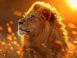 Fototapeta premium A majestic lion gazes into the sunset, showcasing its powerful presence.