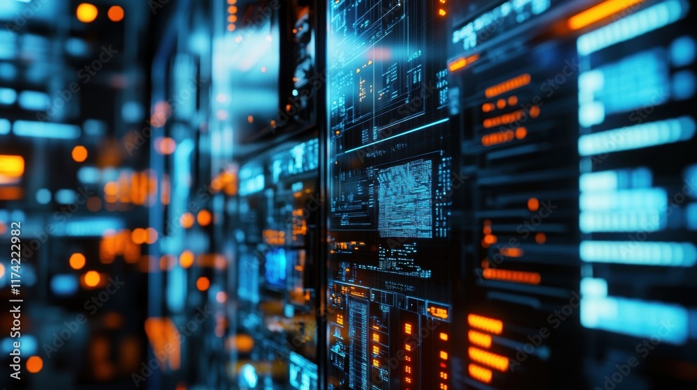 Poster futuristic server room showing multiple screens displaying complex data and information with glowing
