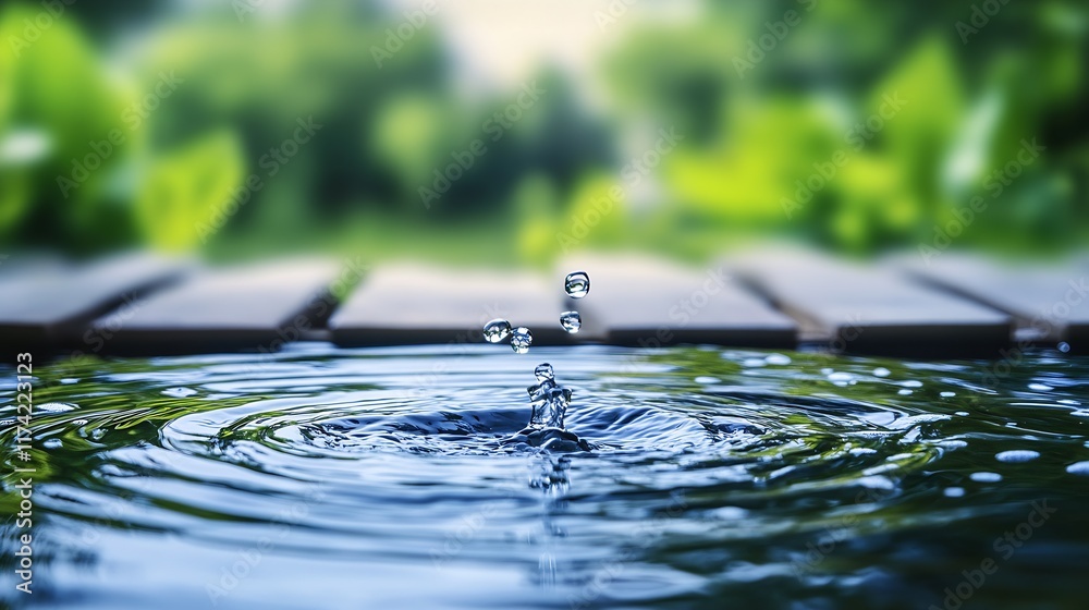 Poster tranquil water droplet creating ripples on a serene pond amidst lush greenery : generative ai