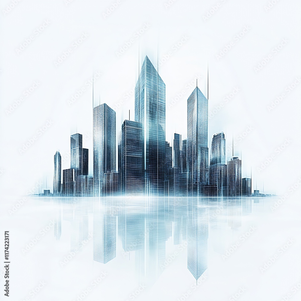 Poster Minimalist Futuristic City Skyline with Geometric Reflections and Blue Tones Creating an Otherworldly Atmosphere : Generative AI