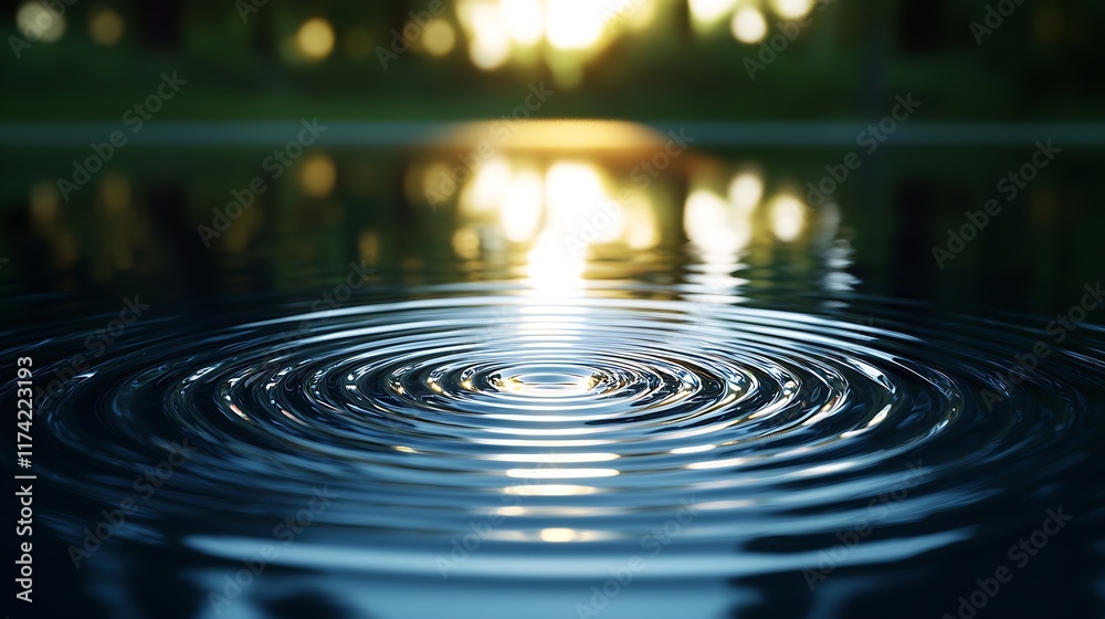 Poster harmonious ripples on water surface reflecting soft sunset glow : generative ai