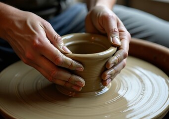 Hands shaping clay on a pottery wheel during an afternoon crafting session