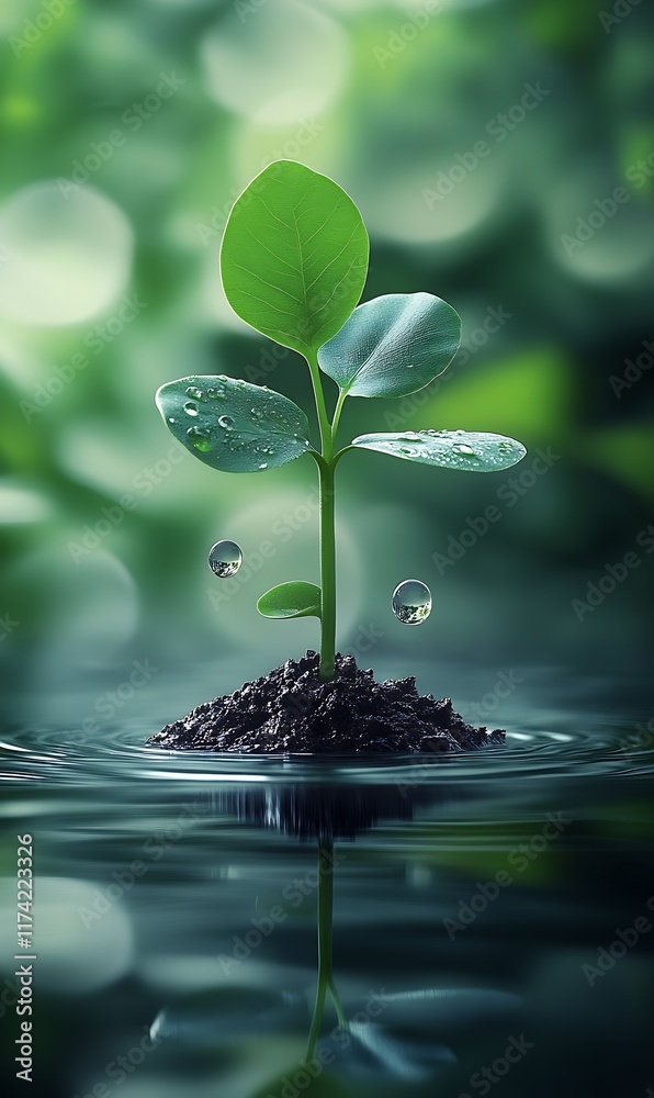 Aufkleber New Life Emerging Sprout with Glimmering Droplets on Floating Soil : Generative AI