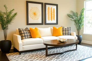 Modern Living Room Interior with Wooden Coffee Table, Beige Sofa, and Mock-up Poster Frame on Wall