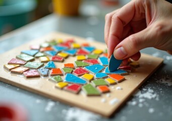 Fototapeta premium Colorful mosaic creation with ceramic tiles on a wooden surface