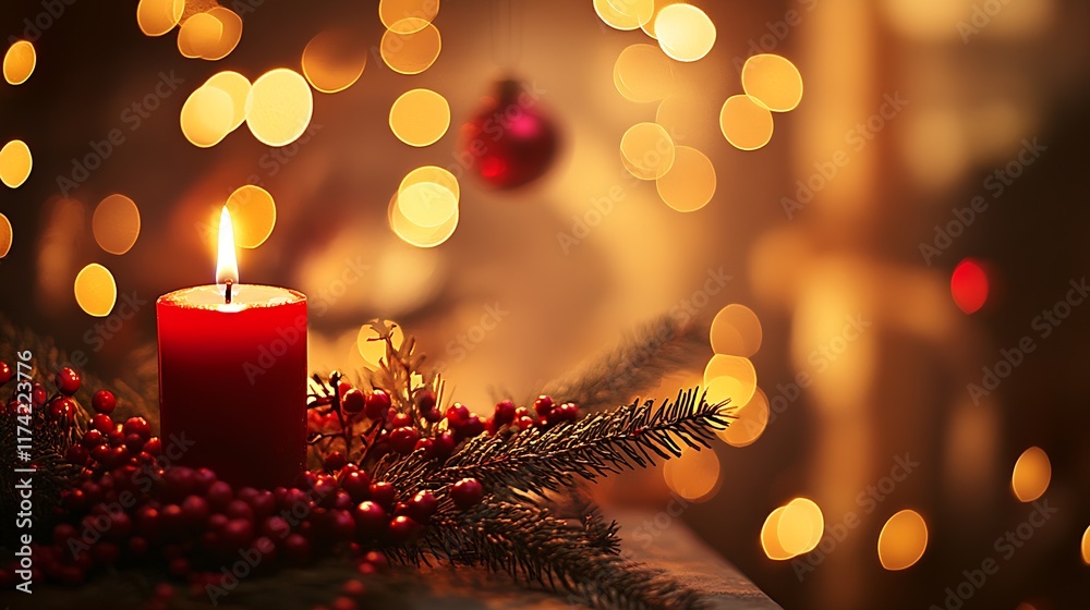 Aufkleber red candle with festive season greenery and golden bokeh background : generative ai