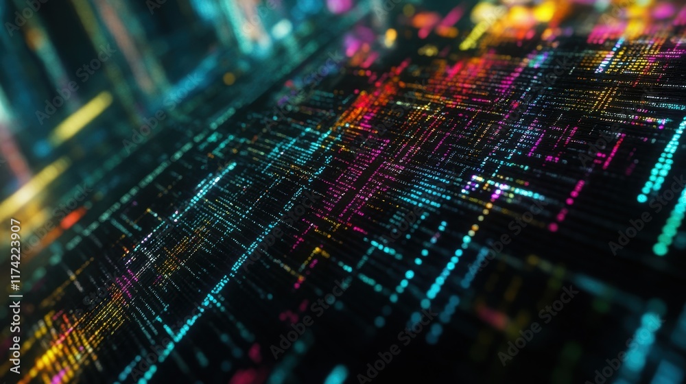 Poster colorful lines of code flowing on dark background representing big data stream, futuristic cyberspac