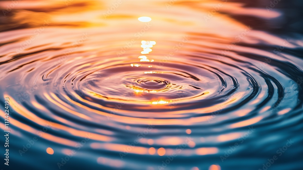 Poster Mesmerizing Water Ripples Reflecting Warm Sunset Glow in Calm Setting : Generative AI