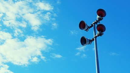 Outdoor loudspeakers against blue sky. generative ai