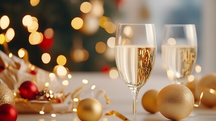 Sophisticated New Year Celebration with Champagne Glasses and Sparkling Holiday Ornaments : Generative AI