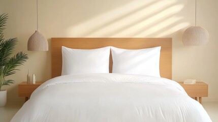 Modern Scandinavian Bedroom with White Bedding and Greenery Accents