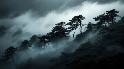 Fototapeta premium Misty Mountain Forest Trees Silhouette In Fog