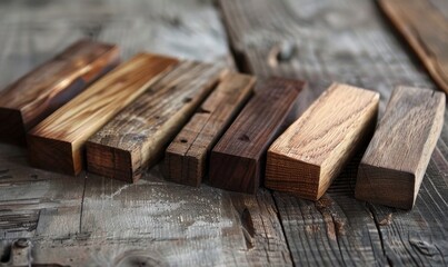 Several wooden samples are neatly arranged, highlighting different shades and textures, with oak prominently featured, on a weathered wooden table