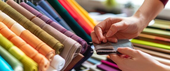 A person examines a fabric sample while surrounded by vibrant rolls of textiles in a well-lit store setting