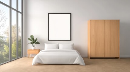 Minimalist Living Room with White Sofa, Wooden Wardrobe, and Big Poster Frame in Scandinavian Style