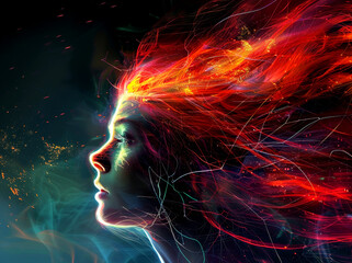 A captivating profile of a woman showcases her brightly colored hair flowing with vivid lights and wisps of energy amidst a dark backdrop