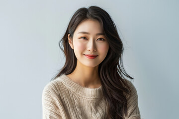 Obraz premium Middle-aged Asian women, in their late 30s to early 40s, pose in simple, everyday attire against clean white background. Portraits emphasize natural beauty casual, comfortable fashion.