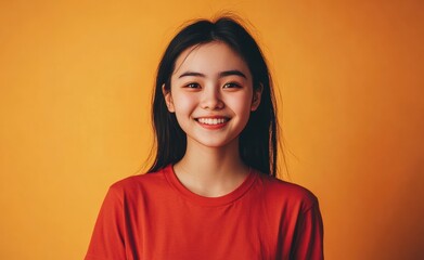 Smiling brightly in a yellow attire, a young woman radiates confidence and cheerfulness, showcasing a stylish and lively spirit.
