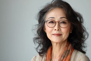 Fototapeta premium An elderly Asian grandmother with silver hair poses gracefully against a white backdrop, her gentle expression capturing the wisdom and grace of old age.