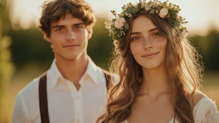 Obraz premium A bride and groom are standing in a field, with the bride wearing a flower crown