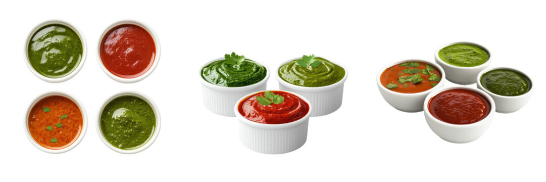 bowl of Indian chutneys with vibrant green and red dips, showcasing rich flavors and fresh ingredients