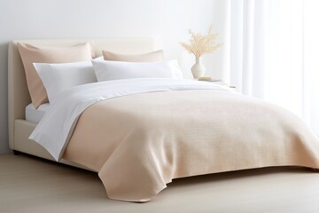 Minimalist French Country Bedroom with Pastel Beige and Grey Bedding