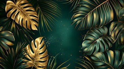 Tropical leaves illustration features gold line art palm fronds, monstera and banana plants on emerald background, showing elegant botanical sketches in minimal style.