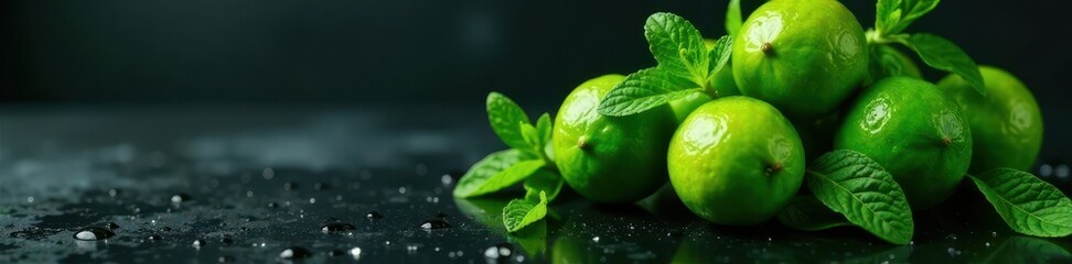Obraz premium A cluster of emerald green limes surrounded by lush mint leaves on a sleek black surface adorned with delicate water drops fruit arrangement fresh produce decorative centerpiece