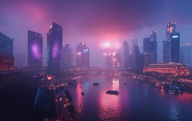 Fototapeta premium Fireworks over hazy cityscape at night.