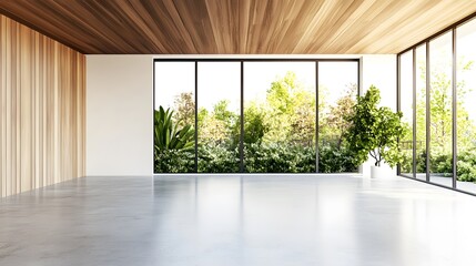 Obraz premium A 3D-rendered minimalist room with a white background, wooden ceiling and wall, concrete floor, and a garden view, providing a cozy and versatile space for both office and living room purposes