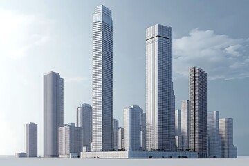 Fototapeta premium A modern skyline featuring tall skyscrapers and urban architecture against a cloudy sky.