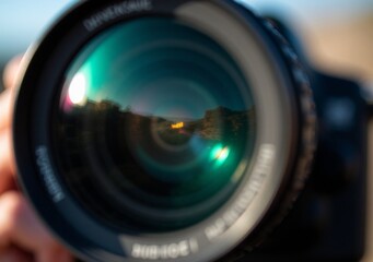 Close-up view of a camera lens reflecting vibrant colors and city lights