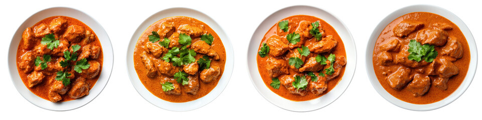 Delicious butter chicken curry served in white bowls, rich texture and vibrant color